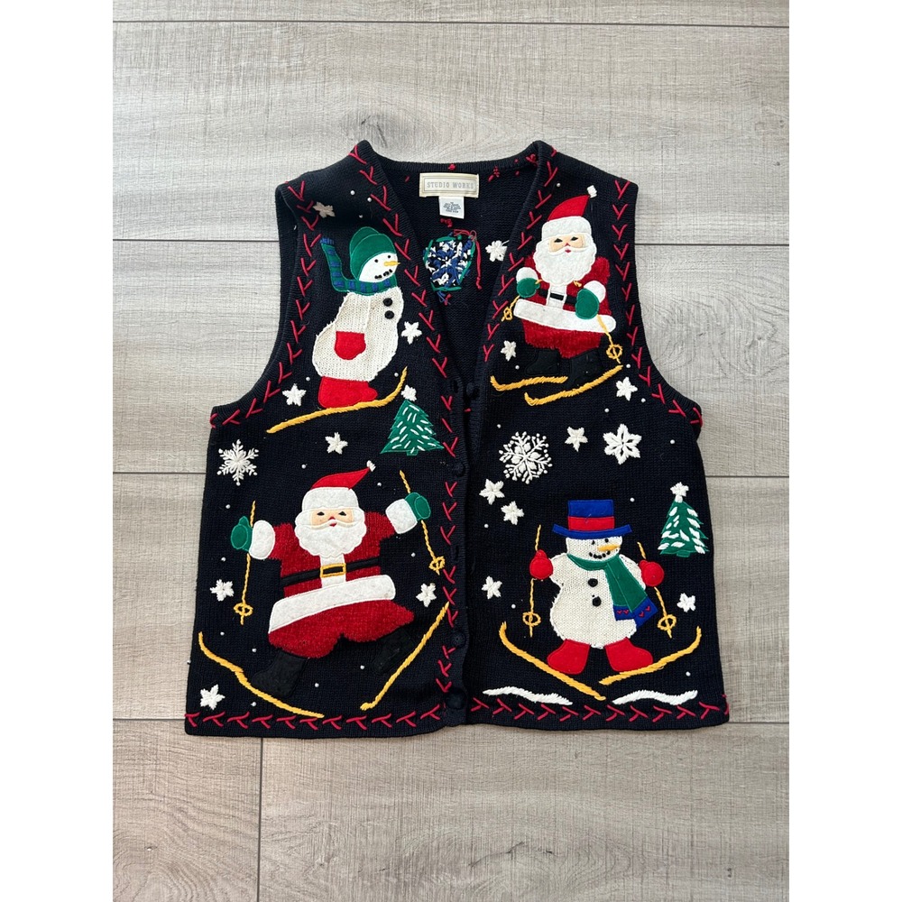 Studio Works Vintage Christmas Sweater Vest Skiing Santa Snowman Black Size M